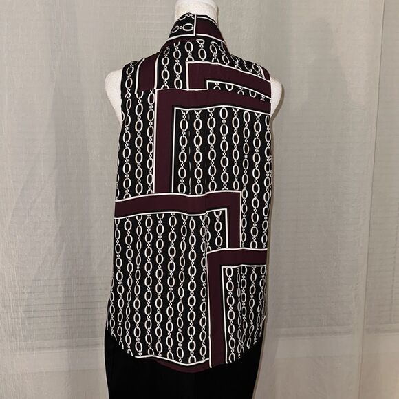 Ann Taylor SP Burgundy Black Ivory White Chainlink Sleeveless Shell Tie Blouse - Picture 6 of 13